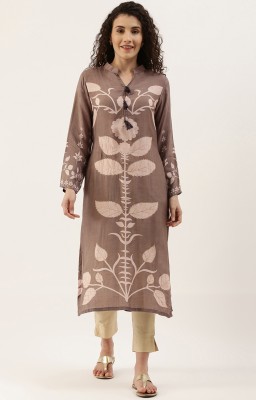 Saanjh Women Printed Straight Kurta(Brown)