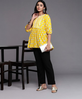 Deshopever Women Floral Print Flared Kurta(Yellow)