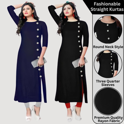 RK Costing Women Solid Straight Kurta(Dark Blue, Black)