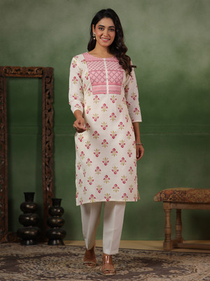 Span Women Printed Straight Kurta(White)