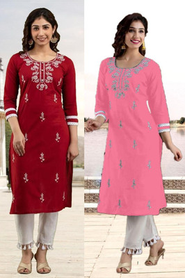 SISTO Women Chikan Embroidery Straight Kurta(Multicolor)