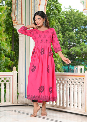 INDI INSIDE Women Block Print A-line Kurta(Pink)