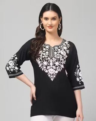 COLOR TIPS Women Embroidered A-line Kurta(White, Black)