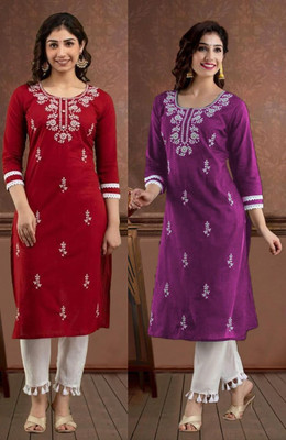 SISTO Women Chikan Embroidery Straight Kurta(Multicolor)