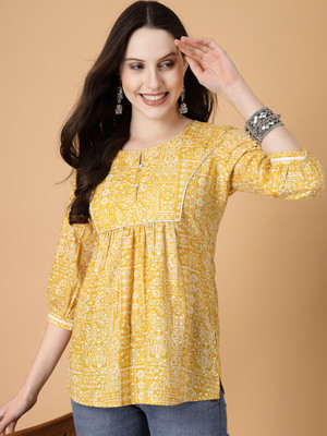 God Bless Women Geometric Print Straight Kurta(Yellow)