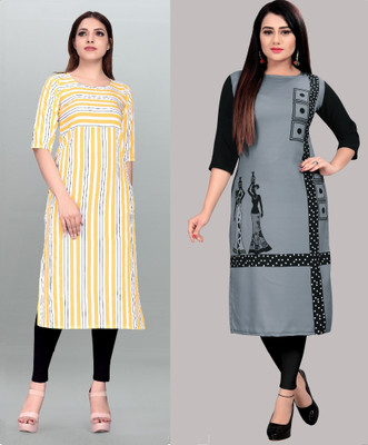 maruti fab Women Printed, Striped Straight Kurta(Yellow, Pink)