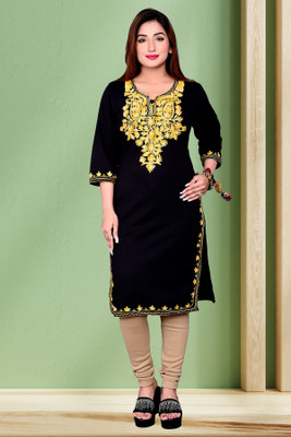 FamBee Women Embroidered Straight Kurta(Black)