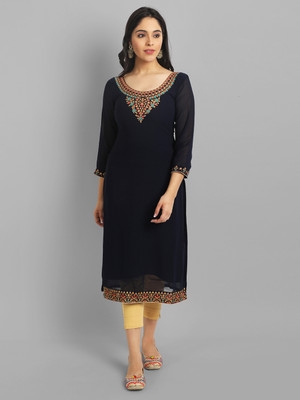 Femvy Women Embroidered A-line Kurta(Black)