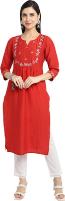 HouseOfCommon Women Embroidered Straight Kurta(Red)