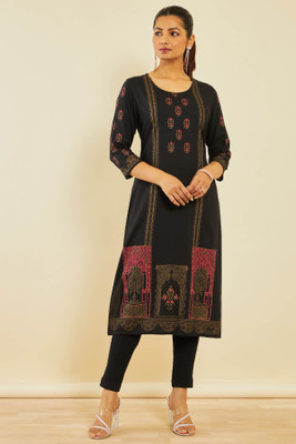 soch Women Printed Straight Kurta(Black)