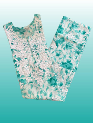 Shah Chikan Women Floral Print, Chikan Embroidery Straight Kurta(Light Green)