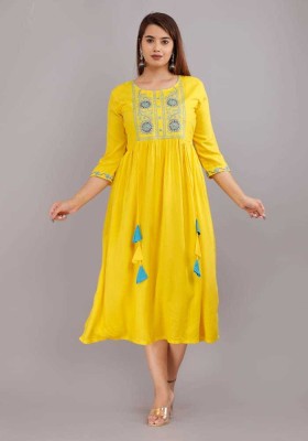 Harsh Enterprises Women Embroidered Flared Kurta(Yellow)