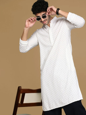 StyleVault Men Embroidered A-line Kurta(White)