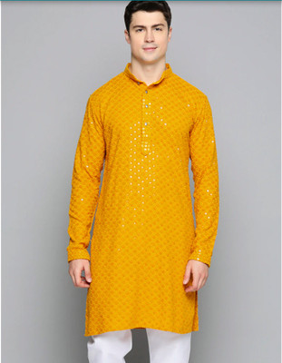 Bruttlyn Men Self Design A-line Kurta(Yellow)