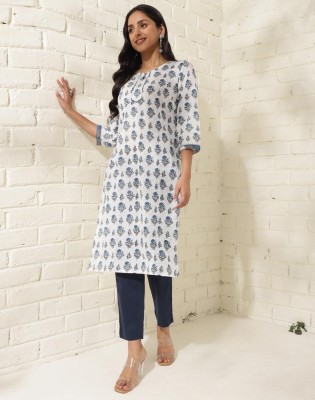 Fabindia Women Printed Straight Kurta(White)