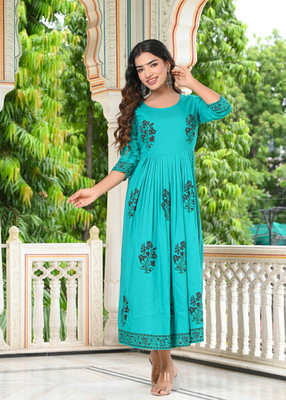 INDI INSIDE Women Block Print A-line Kurta(Blue)