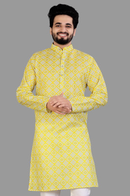 MENTIFIC Men Printed Straight Kurta(Yellow)
