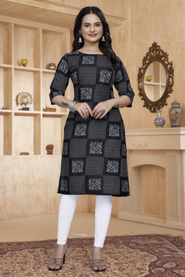 ZEEMIHU Women Geometric Print Straight Kurta(Black)