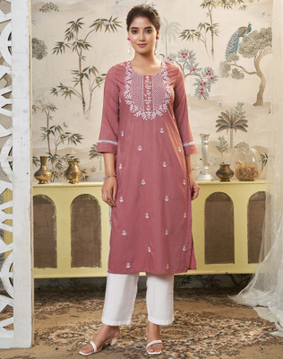 Samah Women Embroidered, Embellished, Dyed/Ombre, Self Design Straight Kurta(Pink)