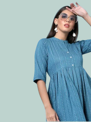 Houseofcommonv Women Striped A-line Kurta(Blue)