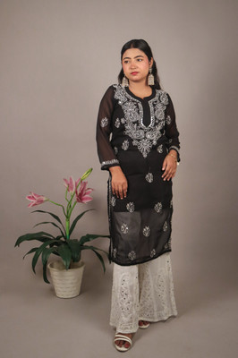 Hahatcloset Women Chikan Embroidery Anarkali Kurta(Black)