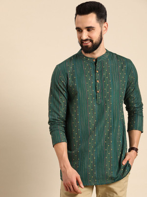 ANOUK Men Striped Straight Kurta(Green)