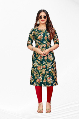 HouseOfCommon Women Floral Print Straight Kurta(Green)