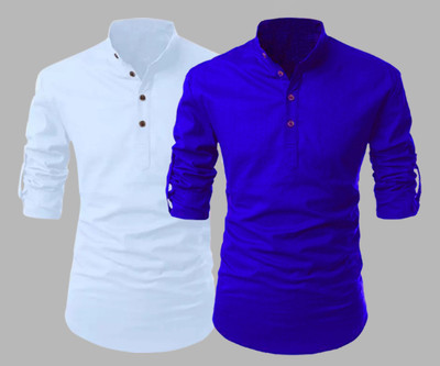 DEEMOON Men Solid Flared Kurta(Light Blue, Dark Blue)