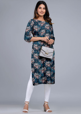 luzzix Women Floral Print Straight Kurta(Dark Blue)