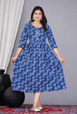 PANCHHIRAJ TEXTILE Women Printed Anarkali Kurta(Blue, White, Dark Blue)