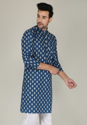 FUBAR Men Printed Straight Kurta(Blue)