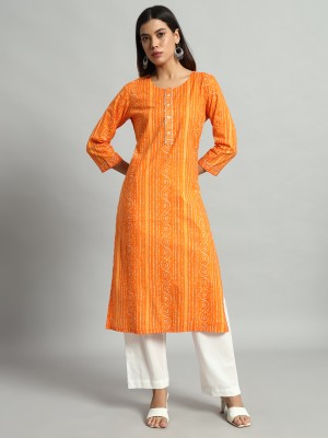 REAM Women Printed Straight Kurta(Orange)