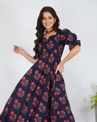 METRO-FASHION Women Floral Print Gown Kurta(Dark Blue, Pink)