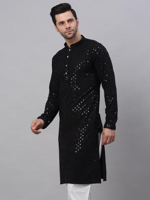 KP CREATION Men Embroidered A-line Kurta(Black)