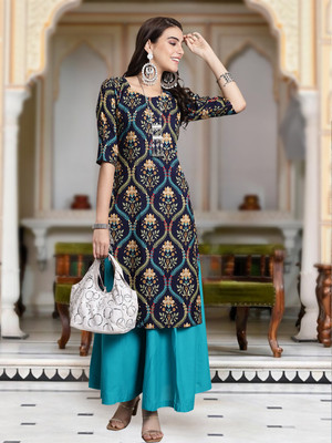 1 Stop Fashion Women Printed A-line Kurta(Dark Blue)