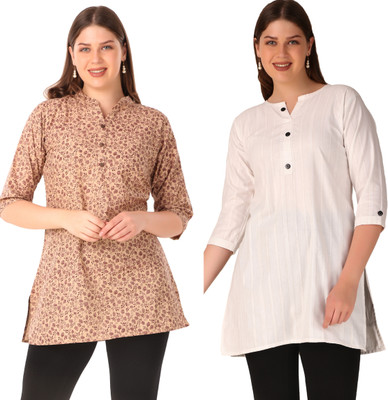 retailbees Women Printed Straight Kurta(Brown, White)
