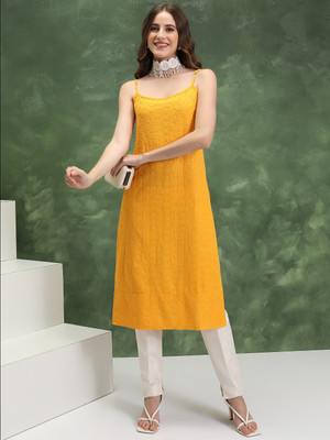 Vishudh Women Embroidered Straight Kurta(Yellow)