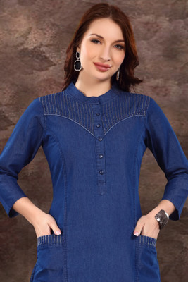SK Creation Women Self Design Straight Kurta(Blue)
