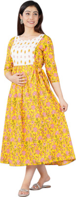 MAGHMA Women Floral Print Anarkali Kurta(Yellow)