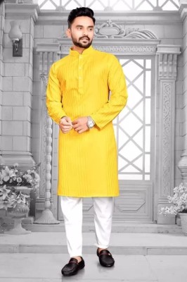 Shree Sundha Men Striped Straight Kurta(Yellow)