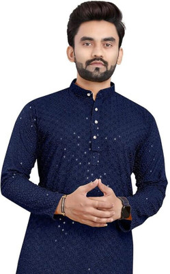 Hayanenterprise Men Chikan Embroidery A-line Kurta(Dark Blue)