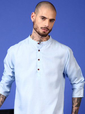 Voroxy Men Self Design Straight Kurta(Light Blue)