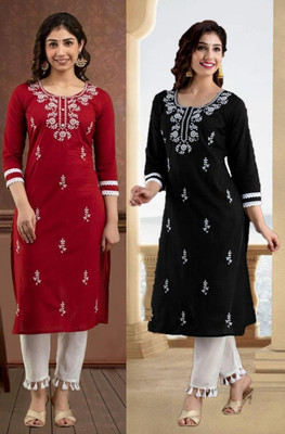 SISTO Women Chikan Embroidery Straight Kurta(Multicolor)