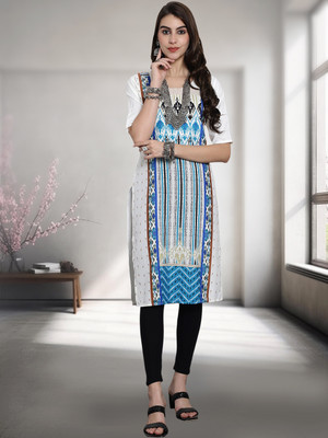 1 Stop Fashion Women Printed A-line Kurta(White, Blue)