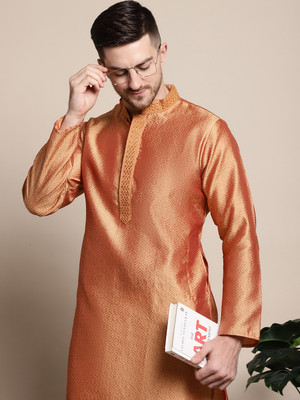 ANOUK Men Woven Design Straight Kurta(Orange)