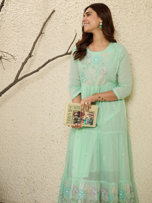 Indo Era Women Embroidered A-line Kurta(Green)