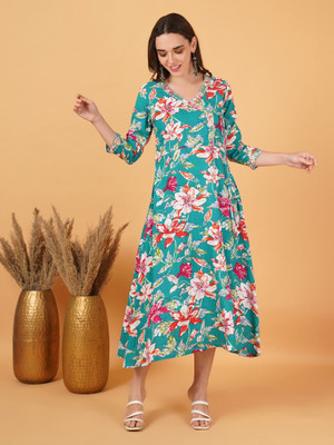 Gudwear Women Floral Print Ethnic Dress Kurta(Light Blue)