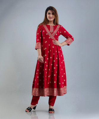 RAABA Women Printed Anarkali Kurta(Red)
