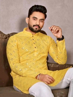 Bisswas Men Embroidered Straight Kurta(Yellow)