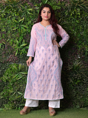 Chikirpolo Women Embroidered Straight Kurta(Pink)